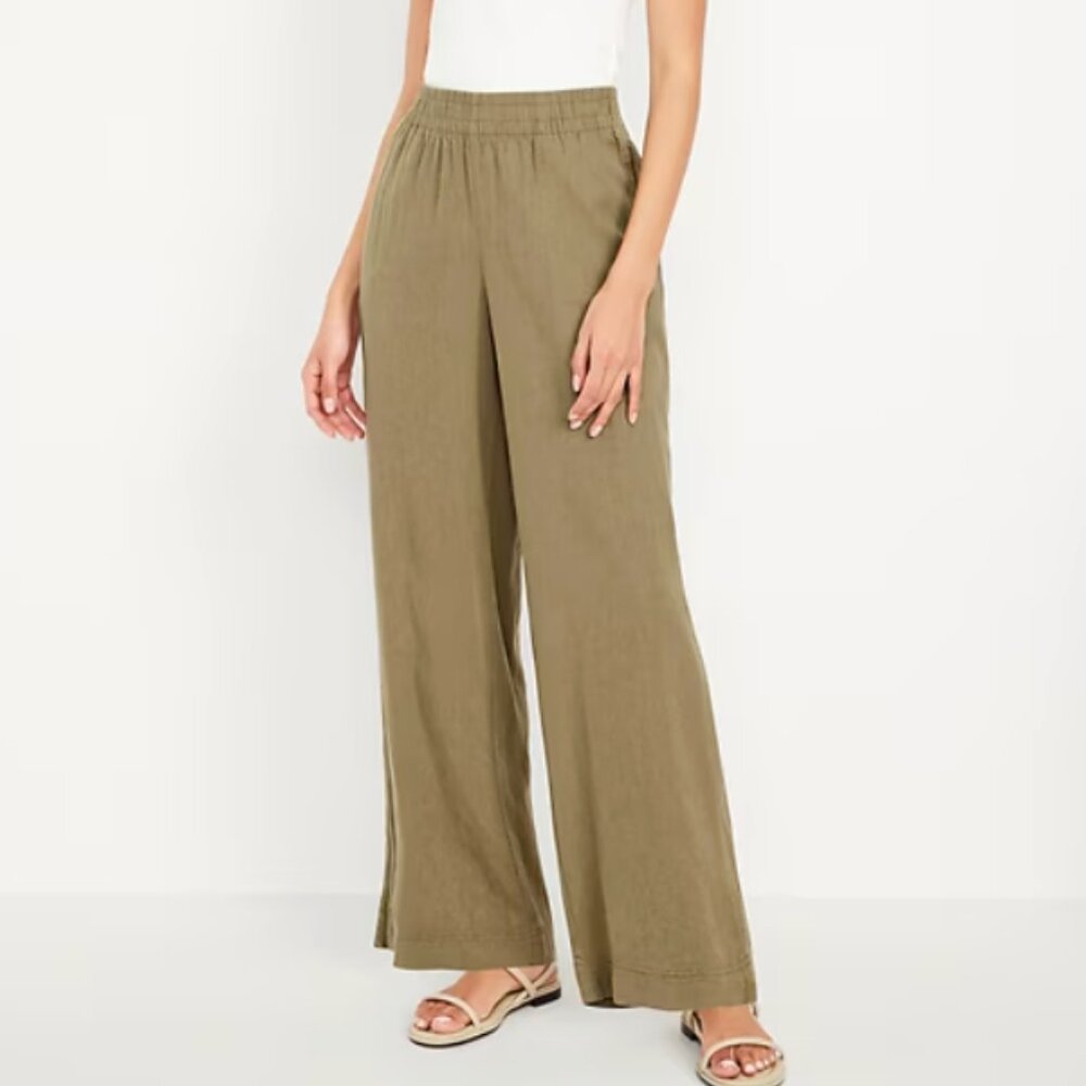 Old Navy High-Waisted Linen-Blend Wide-Leg Pants - Olive Size Small Tall